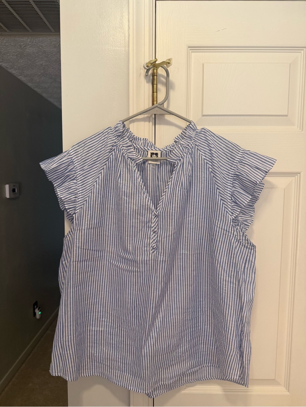 Anne Klein Blue and White Striped Short Sleeve Peasant Blouse large